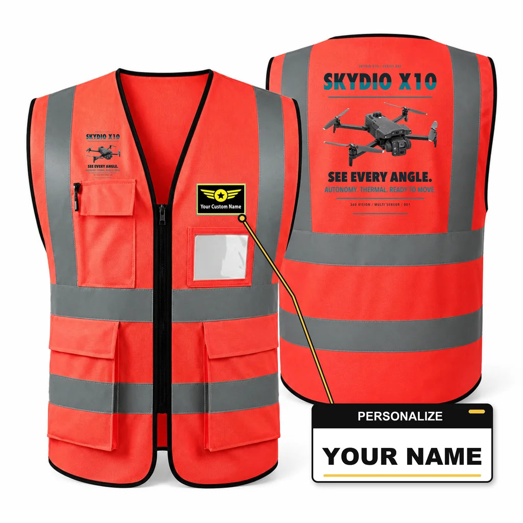 Skydio X10 aviation design on red high-visibility reflective vest with custom name badge