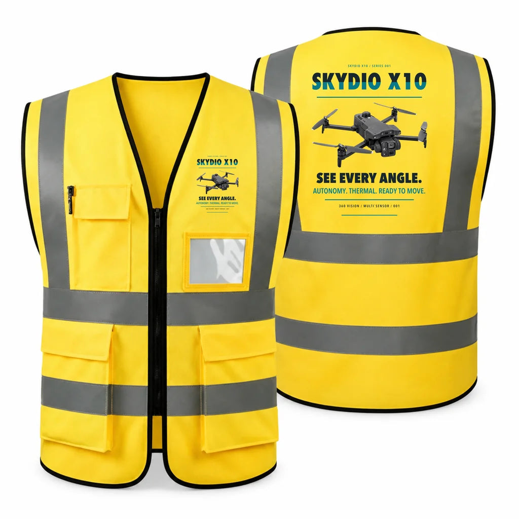 Skydio X10 aviation design on yellow high-visibility reflective vest