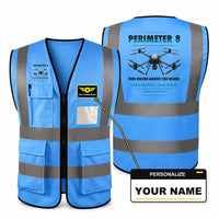Thumbnail for Skyfront Perimeter 8 aviation design on blue high-visibility reflective vest with custom name badge