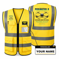 Thumbnail for Skyfront Perimeter 8 aviation design on yellow high-visibility reflective vest with custom name badge
