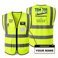 Thumbnail for Socata TBM 700 aviation design on fluorescent green high-visibility reflective vest with custom name badge