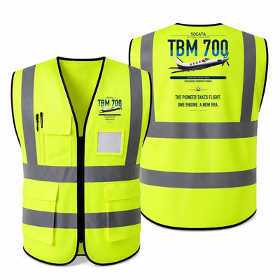 Socata TBM 700 aviation design on fluorescent green high-visibility reflective vest
