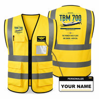 Thumbnail for Socata TBM 700 aviation design on yellow high-visibility reflective vest with custom name badge