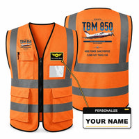 Thumbnail for Socata TBM 850 aviation design on orange high-visibility reflective vest with custom name badge