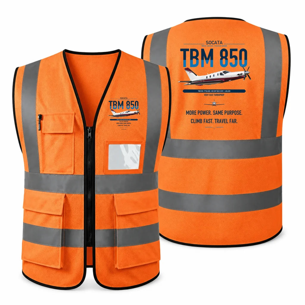 Socata TBM 850 aviation design on orange high-visibility reflective vest