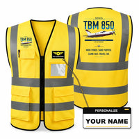 Thumbnail for Socata TBM 850 aviation design on yellow high-visibility reflective vest with custom name badge