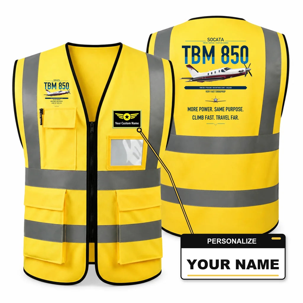 Socata TBM 850 aviation design on yellow high-visibility reflective vest with custom name badge