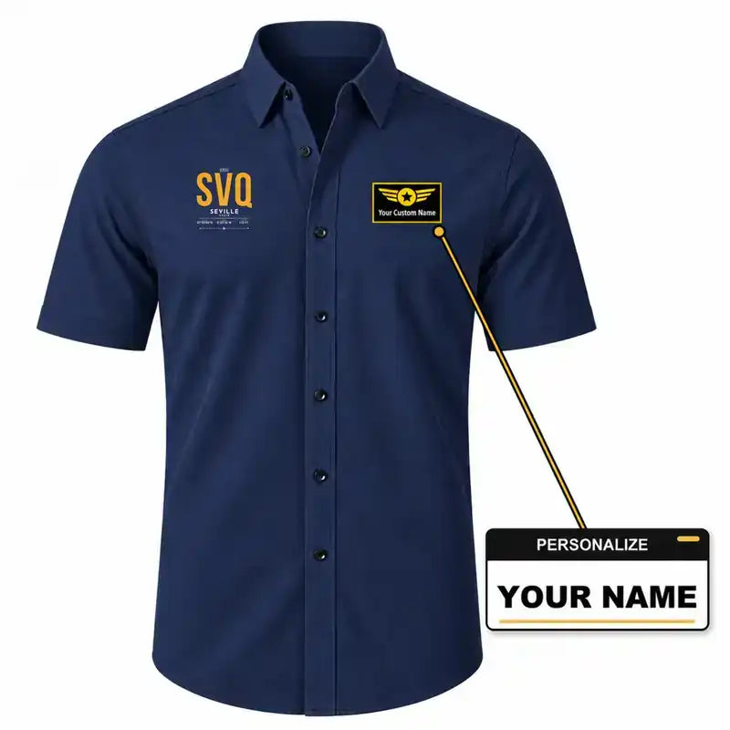 Seville Airport (SVQ) Shirts - Short Sleeve Shirt - Tag - Dark Blue + NAME