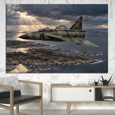 Swedish Air Force Saab AJ 37 Viggen low-level flight above rocky Swedish islands beneath dramatic clouds canvas - 1 Piece
