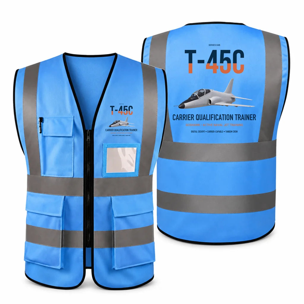 T-45C Goshawk aviation design on blue high-visibility reflective vest