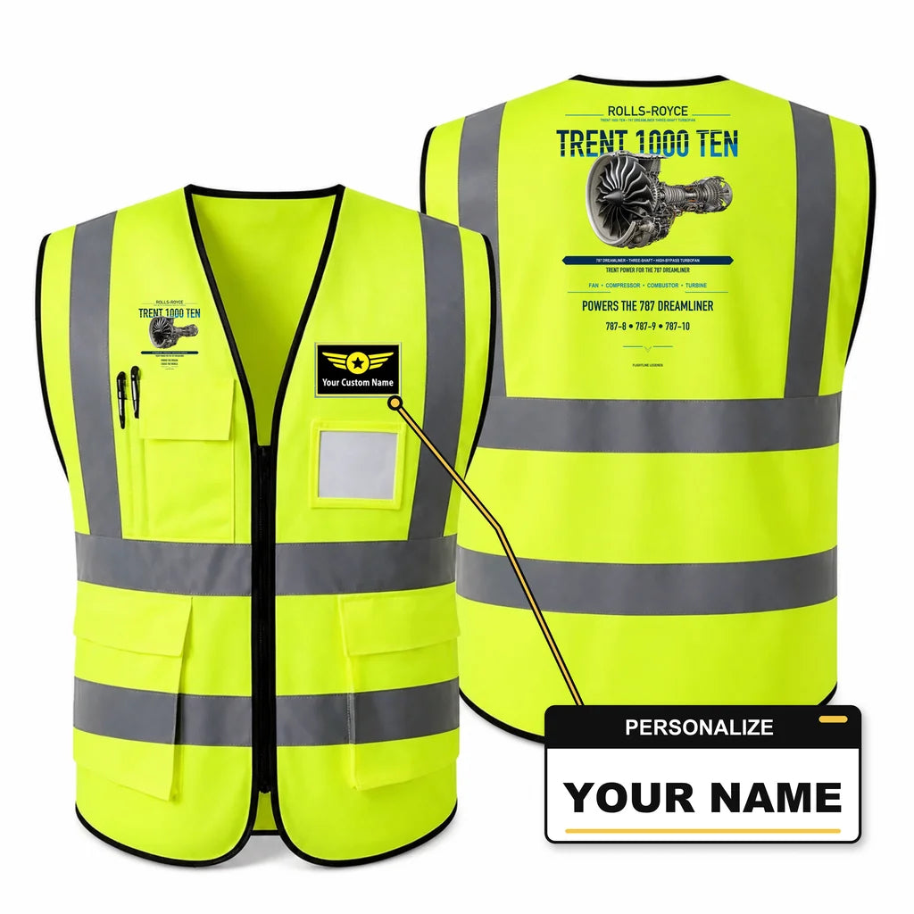 TRENT 1000 TEN aviation design on fluorescent green high-visibility reflective vest with custom name badge