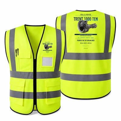 TRENT 1000 TEN aviation design on fluorescent green high-visibility reflective vest
