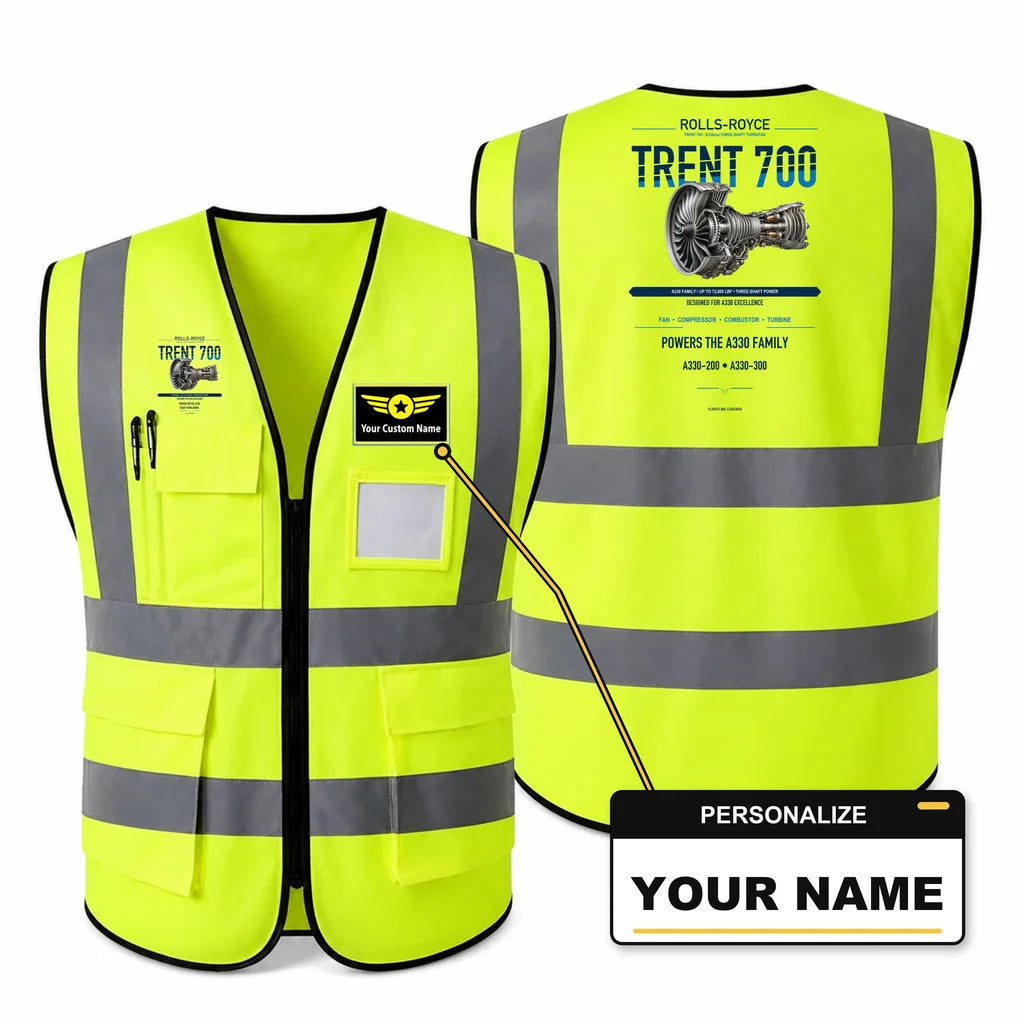 TRENT 700 aviation design on fluorescent green high-visibility reflective vest with custom name badge