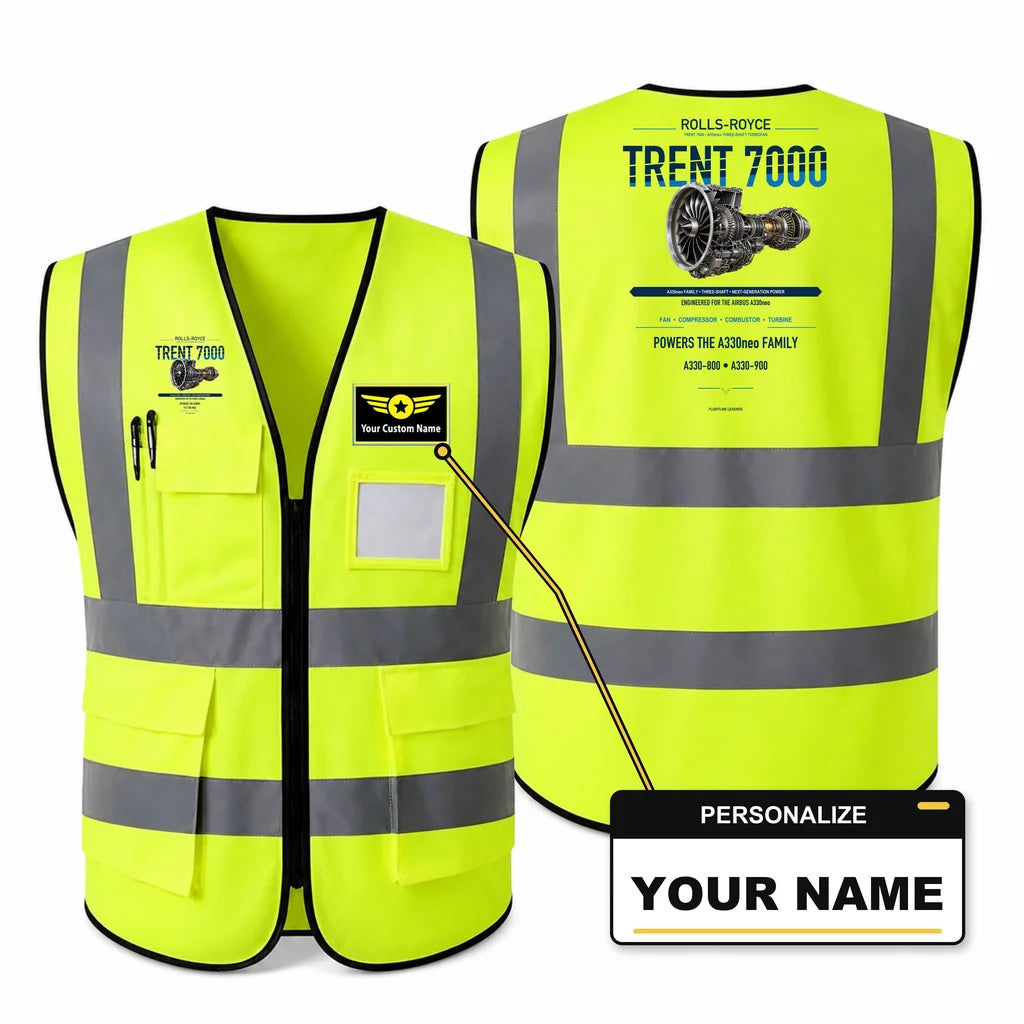 TRENT 7000 aviation design on fluorescent green high-visibility reflective vest with custom name badge