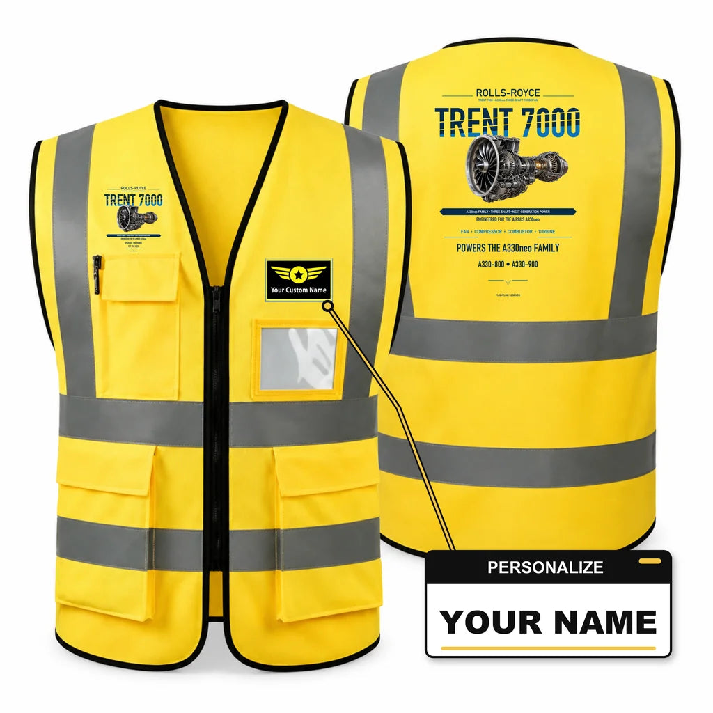 TRENT 7000 aviation design on yellow high-visibility reflective vest with custom name badge