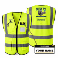 Thumbnail for TRENT 900 aviation design on fluorescent green high-visibility reflective vest with custom name badge