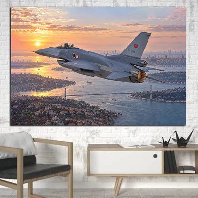 Turkish Air Force General Dynamics F-16C Block 50 Fighting Falcon clean air-policing patrol above the Bosphorus at dawn canvas - 1 Piece