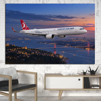 Turkish Airlines Airbus A321neo clean departure above the Bosphorus during blue hour canvas - 1 Piece