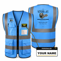 Thumbnail for V2500-A5 aviation design on blue high-visibility reflective vest with custom name badge
