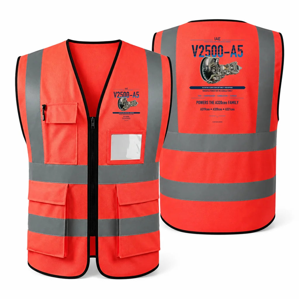 V2500-A5 aviation design on red high-visibility reflective vest