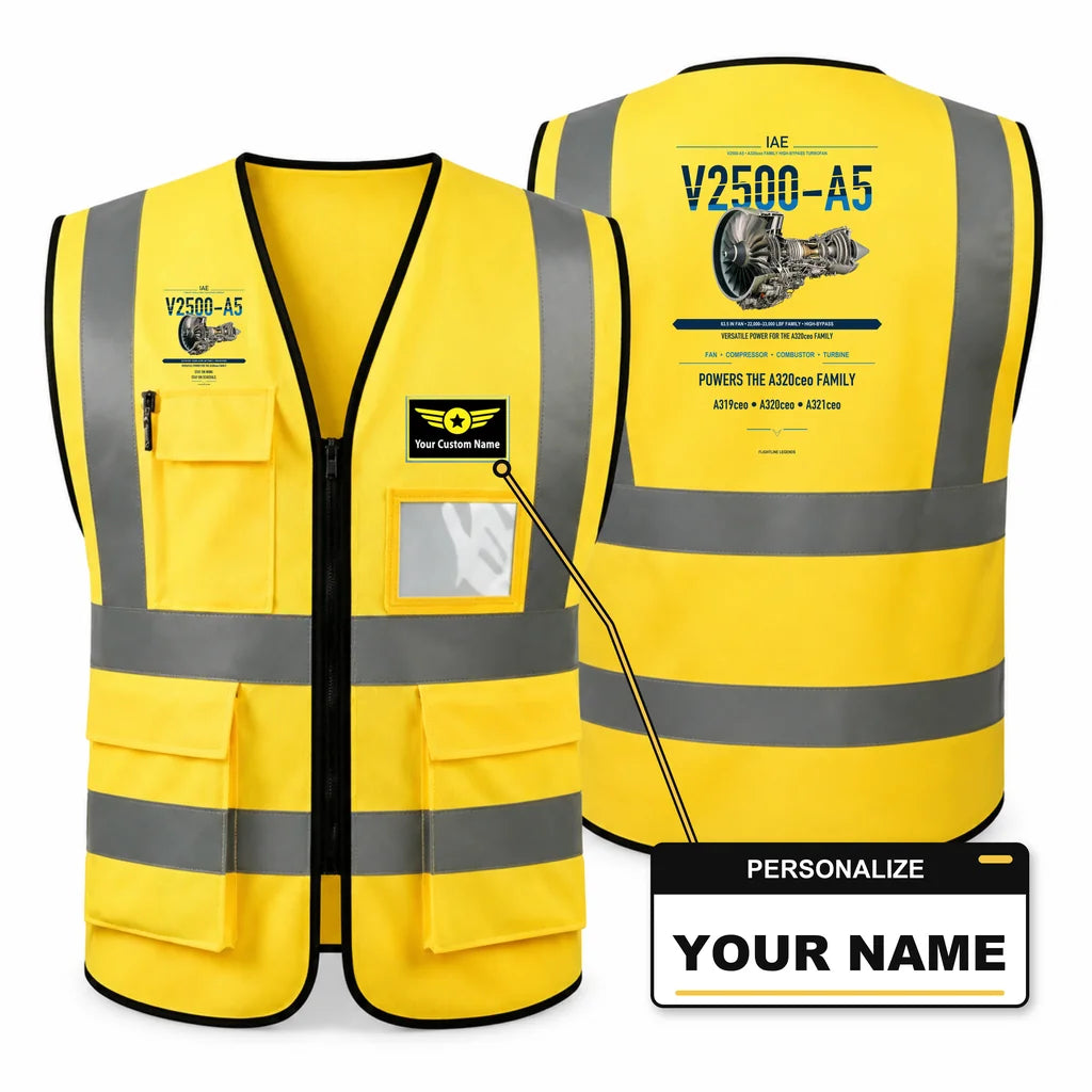 V2500-A5 aviation design on yellow high-visibility reflective vest with custom name badge