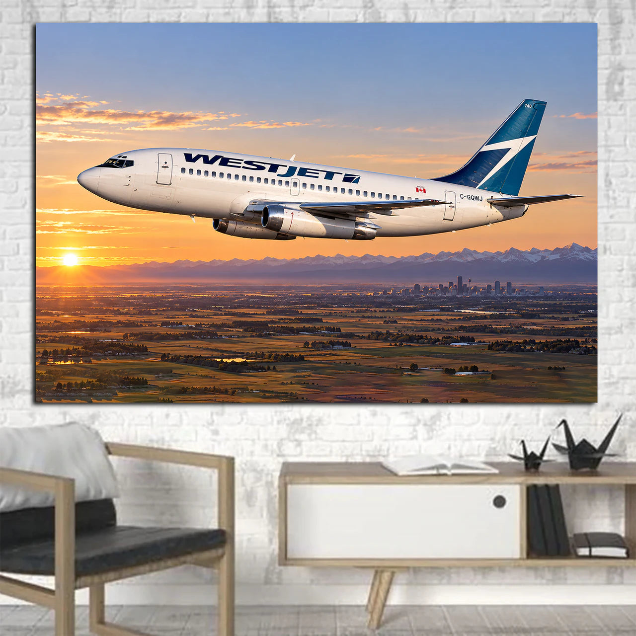 WestJet Boeing 737-200 historic early WestJet flight above Alberta prairie at sunrise canvas - 1 Piece