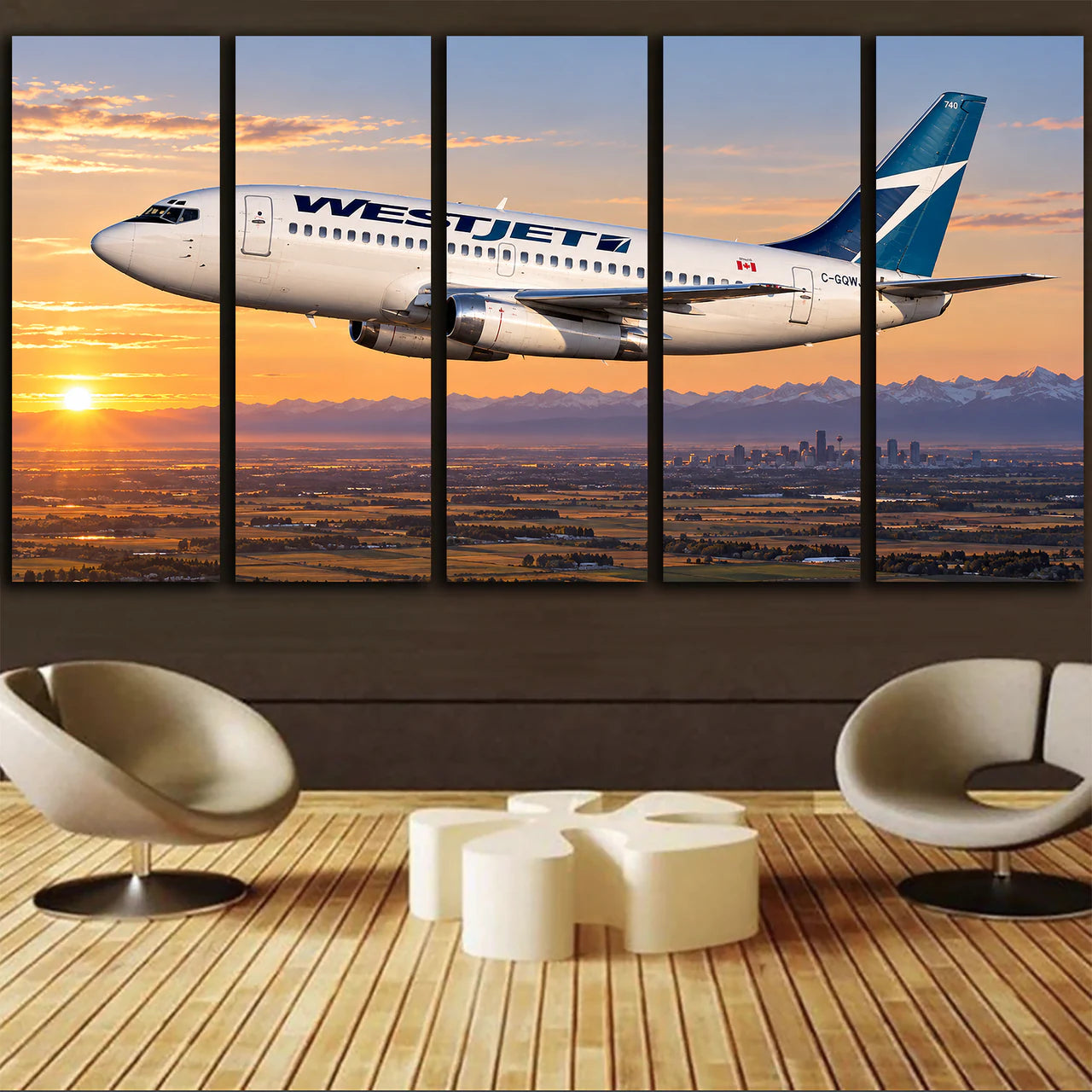 WestJet Boeing 737-200 historic early WestJet flight above Alberta prairie at sunrise canvas - 5 Pieces