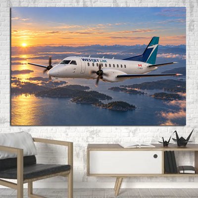 WestJet Saab 340B WestJet Link compact regional flight above British Columbia's island coastline at sunrise canvas - 1 Piece