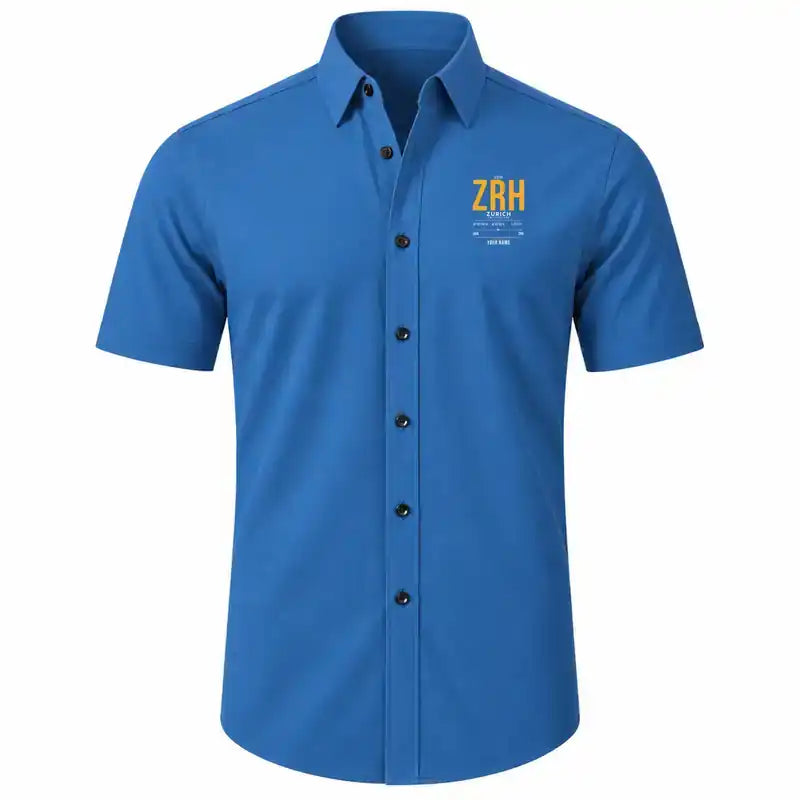 Zurich Airport (ZRH) Shirts - Short Sleeve Shirt - Tag Custom - Blue + NAME