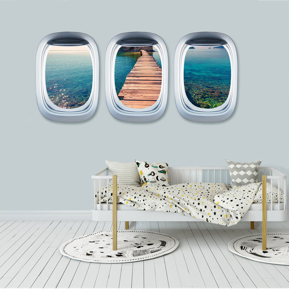 Airplane Window & Wooden Bridge View Printed Wall Window Stickers