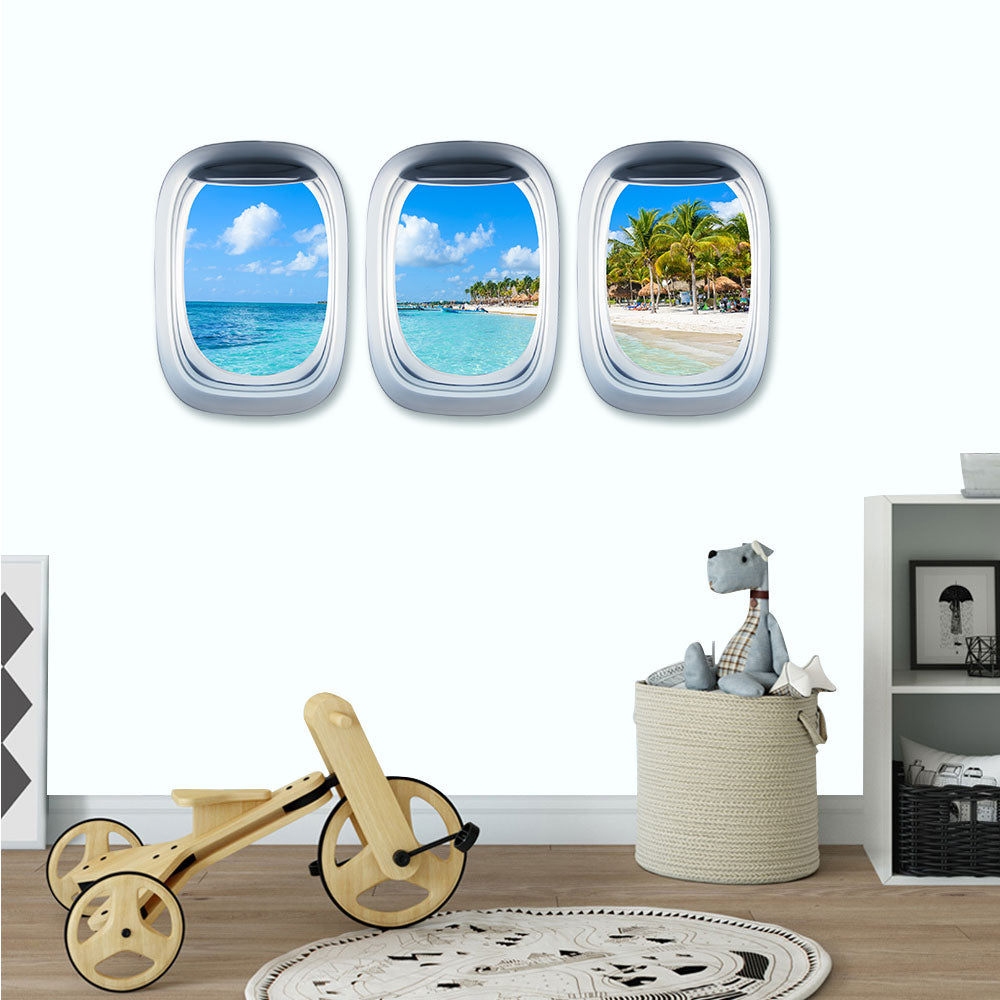 Airplane Window & Akumal Beach View Printed Wall Window Stickers