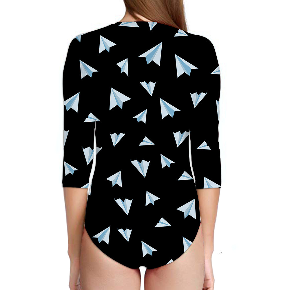 Paper Airplanes (Black) Designed Deep V Swim Bodysuits
