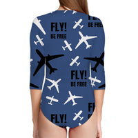 Thumbnail for Fly Be Free Blue Designed Deep V Swim Bodysuits