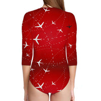 Thumbnail for Travelling with Aircraft (Red) Designed Deep V Swim Bodysuits