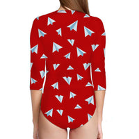 Thumbnail for Paper Airplanes (Red) Designed Deep V Swim Bodysuits