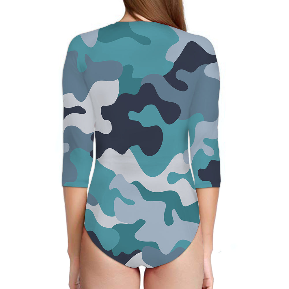 Military Camouflage Green Designed Deep V Swim Bodysuits
