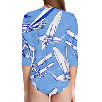 Thumbnail for Retro & Vintage Airplanes Designed Deep V Swim Bodysuits