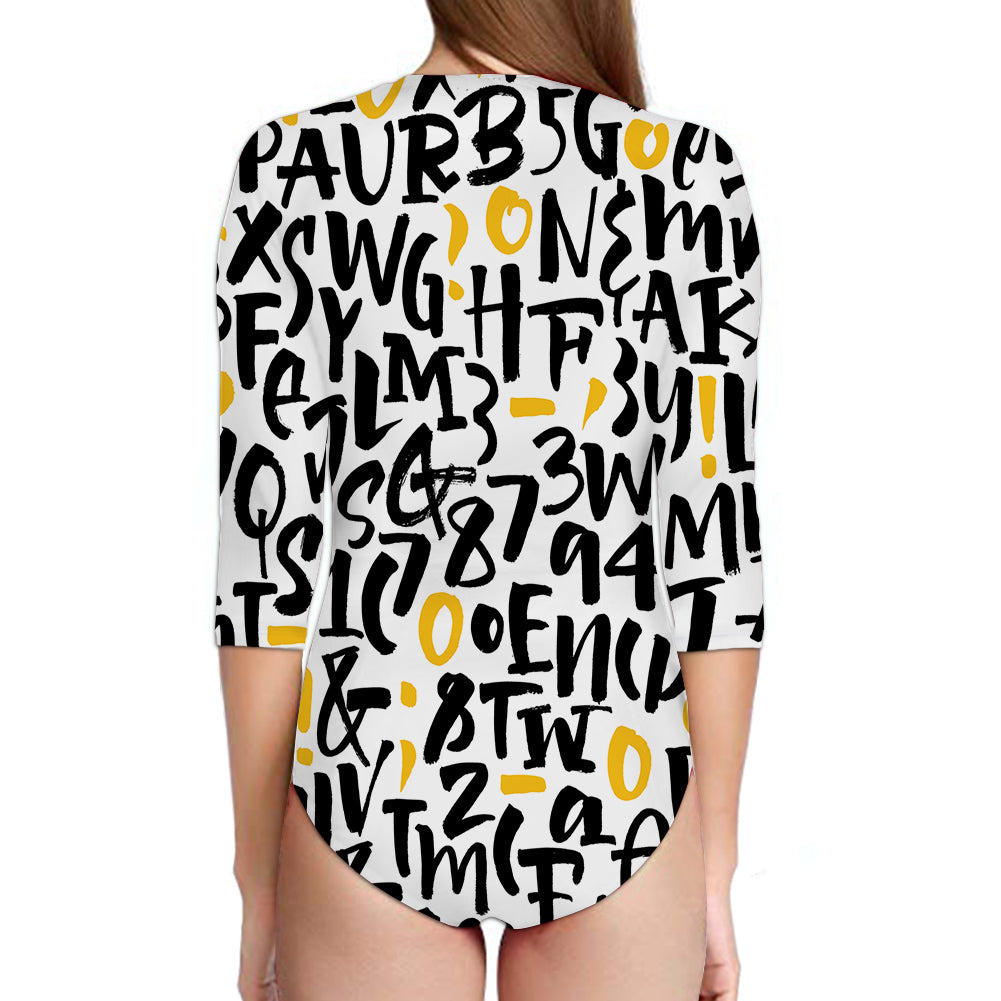 Mixed Letters Designed Deep V Swim Bodysuits