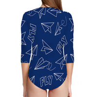 Thumbnail for Paper Airplane & Fly (Blue) Designed Deep V Swim Bodysuits