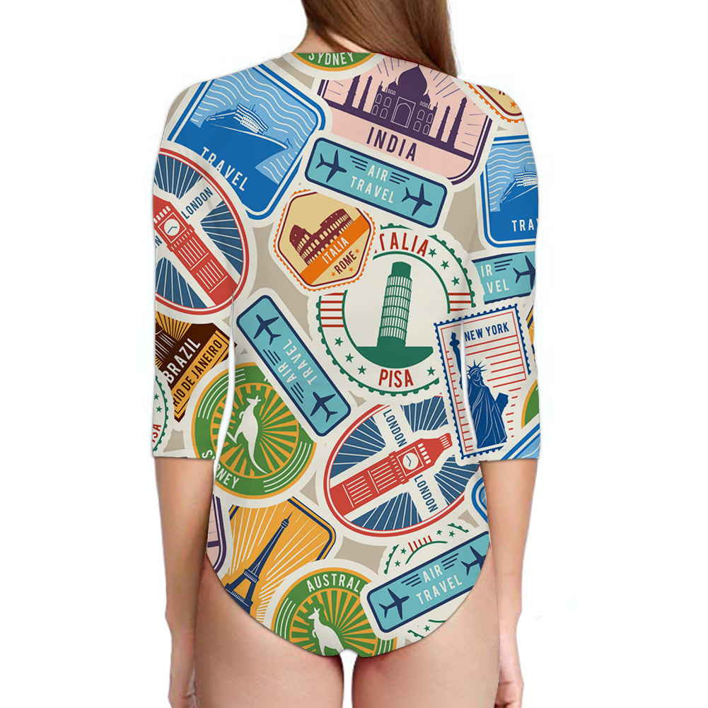 Travel Stickers Designed Deep V Swim Bodysuits