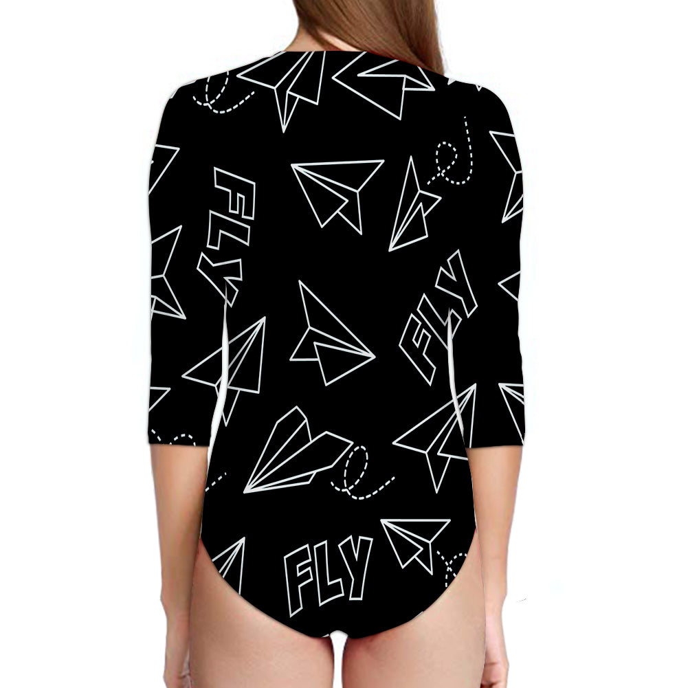 Paper Airplane & Fly Black Designed Deep V Swim Bodysuits