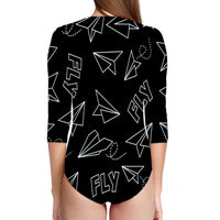 Thumbnail for Paper Airplane & Fly Black Designed Deep V Swim Bodysuits