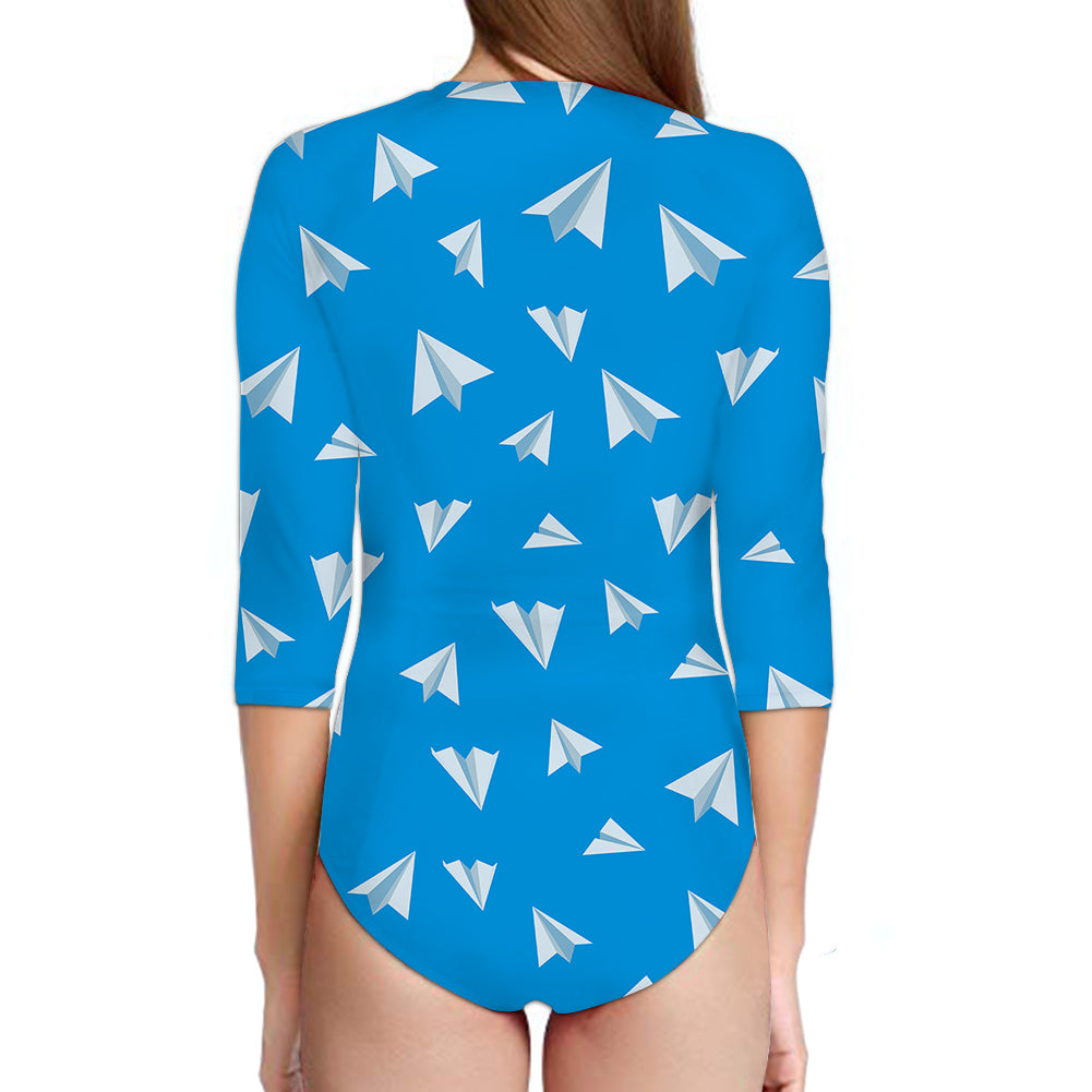 Paper Airplanes (Blue) Designed Deep V Swim Bodysuits