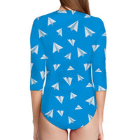 Thumbnail for Paper Airplanes (Blue) Designed Deep V Swim Bodysuits