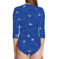 Thumbnail for Travel The World By Plane (Blue) Designed Deep V Swim Bodysuits