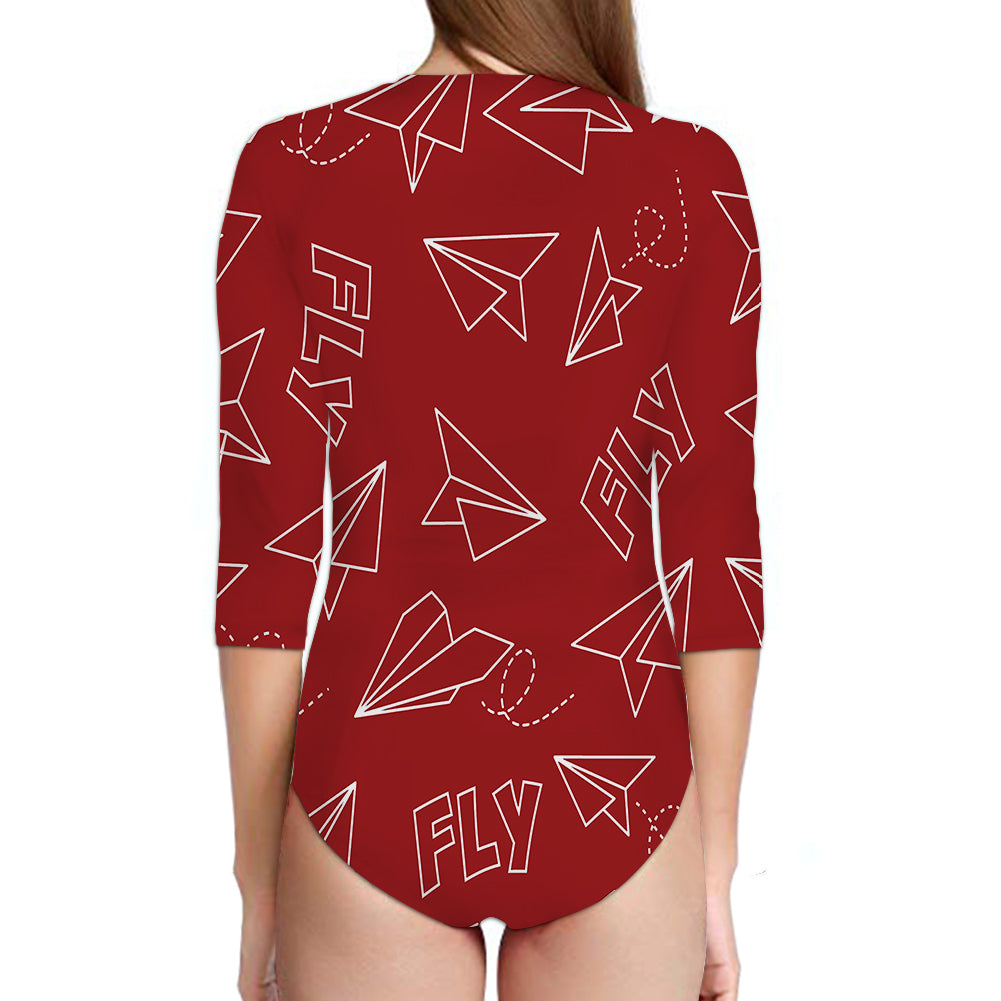 Paper Airplane & Fly (Red) Designed Deep V Swim Bodysuits