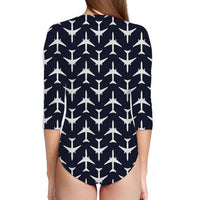 Thumbnail for Perfectly Sized Seamless Airplanes Dark Blue Designed Deep V Swim Bodysuits