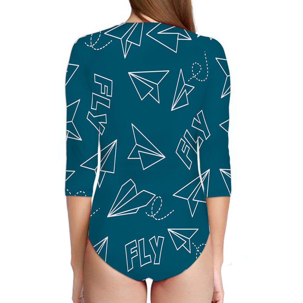 Paper Airplane & Fly Green Designed Deep V Swim Bodysuits