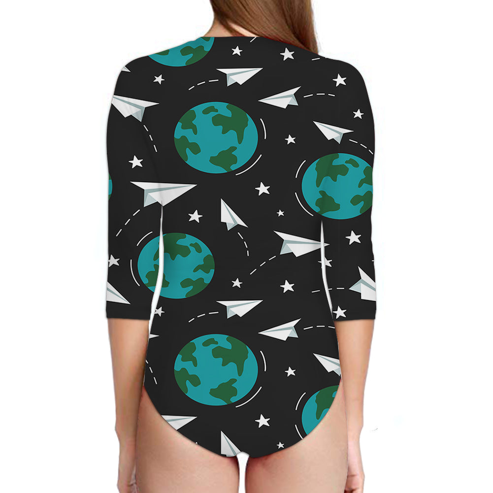 Paper Planes & Earth Designed Deep V Swim Bodysuits