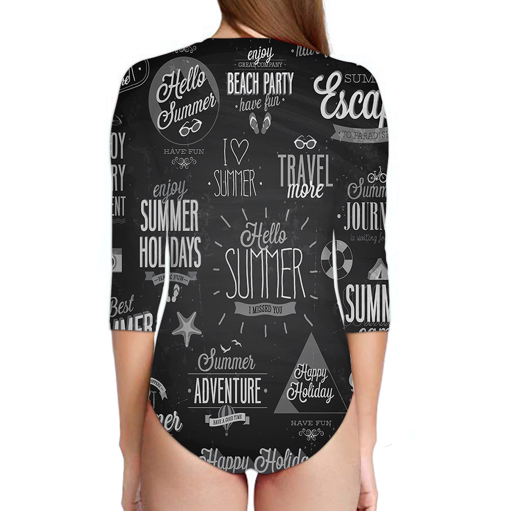 Black & White Super Travel Icons Designed Deep V Swim Bodysuits